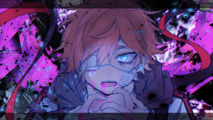 1boy bandaid bandaid_on_cheek bandaid_on_face black_background black_hoodie blood blood_on_face eyepatch grey_eyes highres hood hood_down hoodie kajiyama_fuuta kao_ru05 looking_at_viewer male_focus milgram multicolored_background open_mouth pink_background pink_blood red_hair short_hair solo teeth