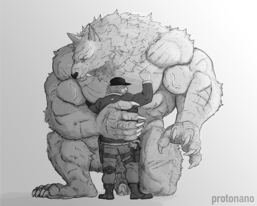 absurd_res anthro biceps big_hand bodily_fluids butt_muscles canid canine canis claws clothing duo embrace fangs fur gun hat headgear headwear hi_res hug human male mammal monochrome muscular muscular_anthro muscular_male pecs protonano ranged_weapon scar simple_background size_difference tears teeth vein weapon were werecanid werecanine werewolf wolf