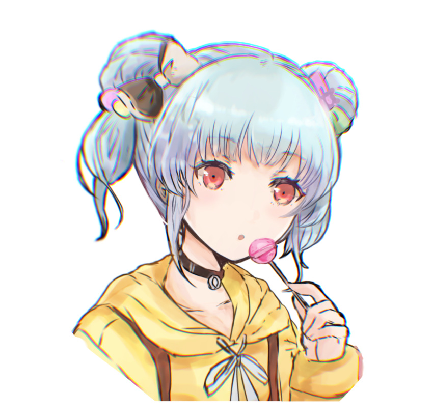 1girl :o black_choker blue_hair blush candy chest_harness choker collarbone cropped_torso double_bun food grey_background hair_bun harness holding holding_candy holding_food holding_lollipop hood hood_down hooded_jacket hyodou_shizuku idoly_pride jacket lollipop long_bangs looking_at_viewer open_mouth raised_eyebrows red_eyes sakaki_ip short_twintails sidelocks simple_background solo twintails yellow_jacket