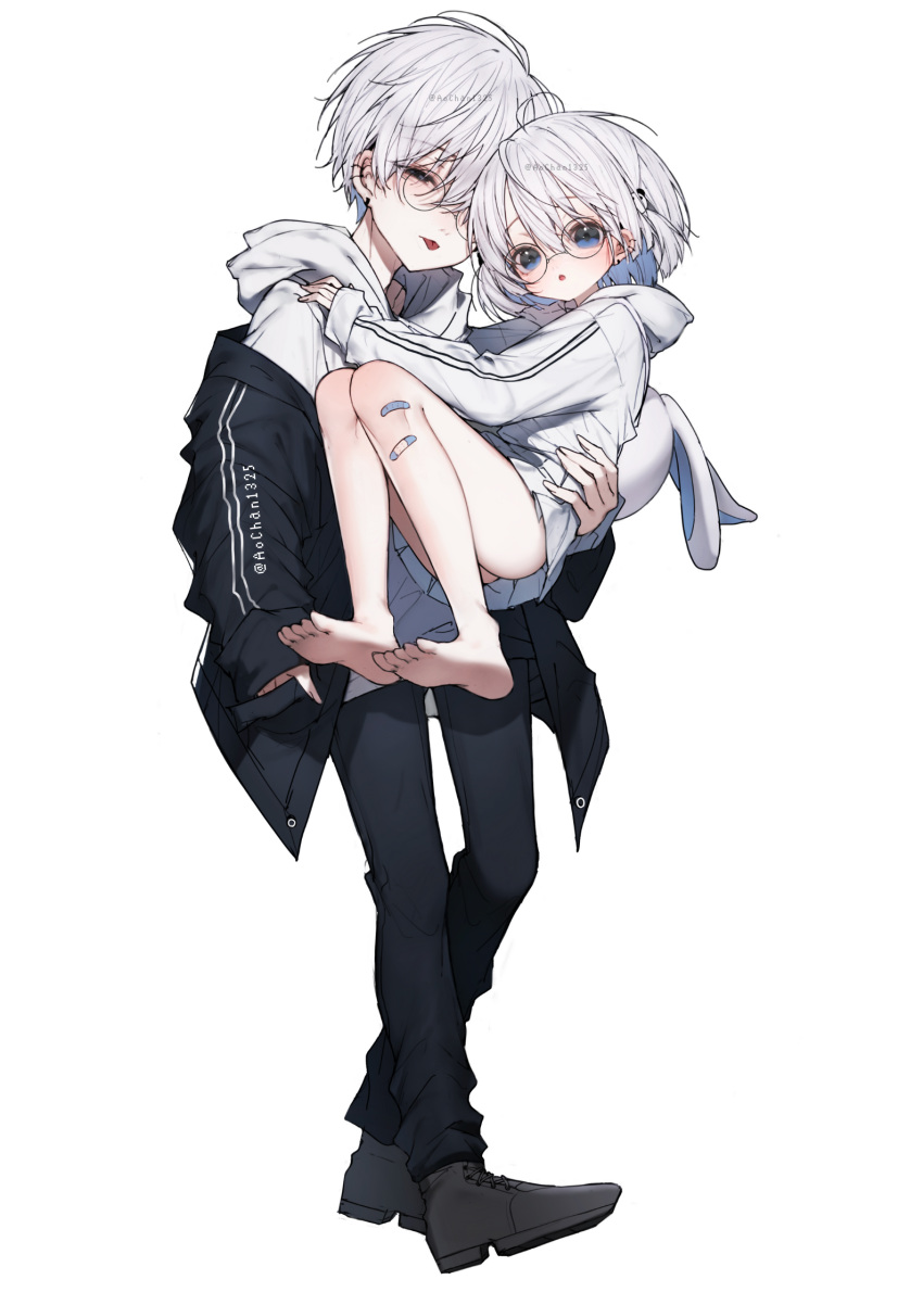 1boy 1girl :o :p age_difference ahoge aochan_1325 bandaid bandaid_on_leg bare_legs barefoot black_eyes black_footwear black_jacket black_pants blue_eyes blush carrying carrying_person couple earrings full_body glasses hair_ornament hetero highres jacket jewelry miniskirt off_shoulder open_clothes open_jacket open_mouth original panda_hair_ornament pants round_eyewear short_hair simple_background skirt stuffed_animal stuffed_rabbit stuffed_toy toes tongue tongue_out white_background white_hood white_skirt