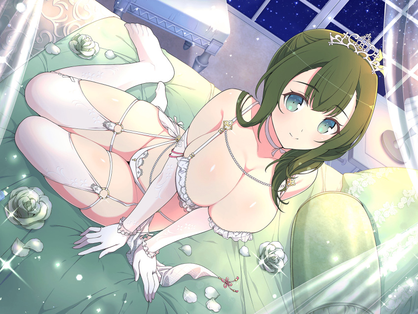 1girl bed bed_sheet blue_eyes blush bra breasts bridal_legwear bridal_lingerie chair chinese_knot choker cleavage closed_mouth collarbone curtains elbow_gloves feet floral_print flower frilled_bra frilled_panties frills garter_belt garter_straps gem gloves green_flower green_hair green_rose groin hair_between_eyes highres hiyori_(senran_kagura) indoors jewelry lamp large_breasts legs light_particles lingerie looking_at_viewer necklace night night_sky nightstand no_shoes o-ring o-ring_thigh_strap official_alternate_costume official_art on_bed panties pearl_(gemstone) pearl_necklace petals pillow ribbon_choker rose senran_kagura senran_kagura_new_link shiny_skin short_hair skindentation sky smile solo sparkle star_(sky) starry_sky thigh_strap thighhighs tiara toes underwear white_bra white_choker white_garter_belt white_gloves white_panties white_thighhighs window yaegashi_nan