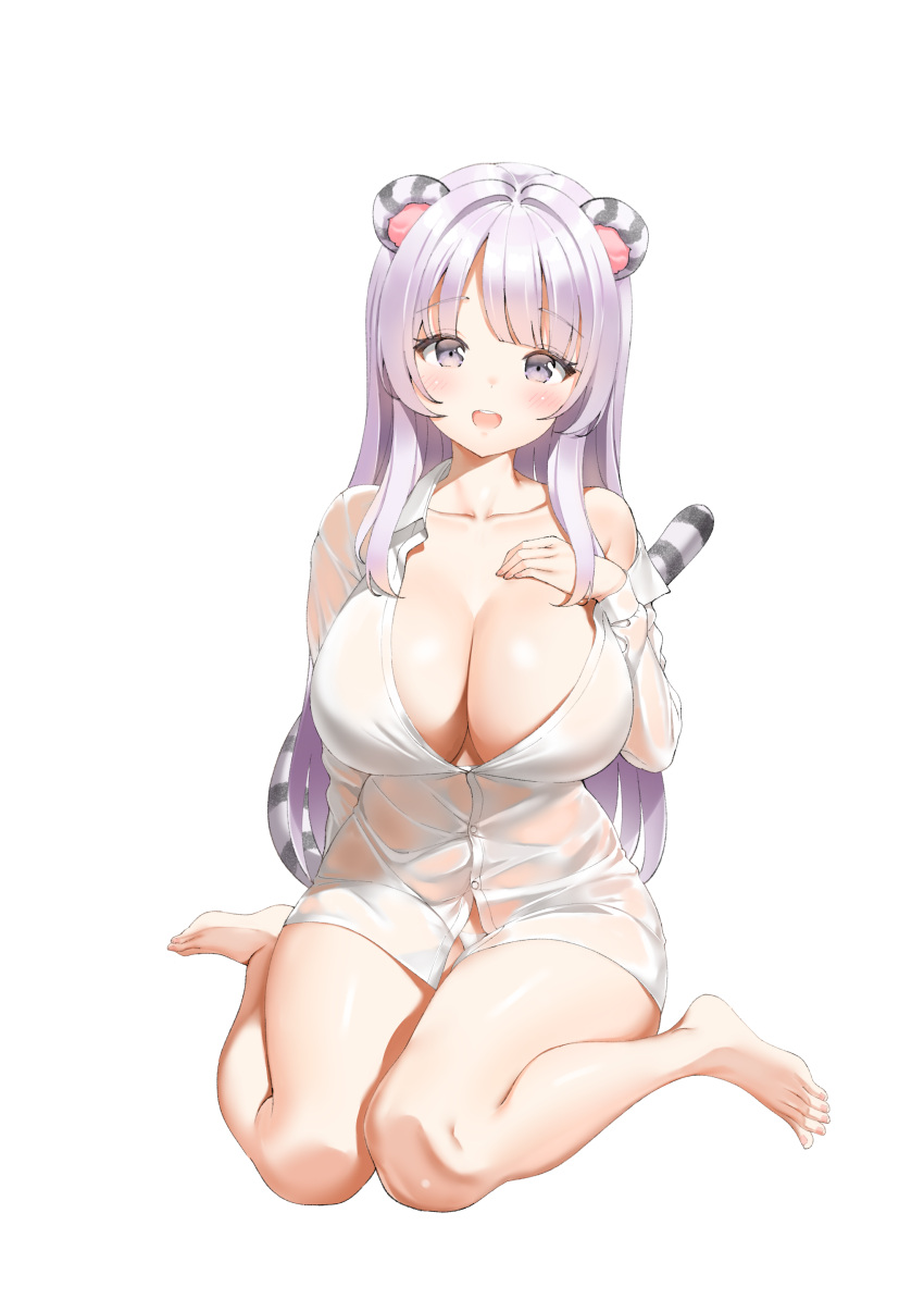 1girl :d absurdres animal_ears bare_legs barefoot breasts collarbone commentary commission dot_nose dress_shirt feet fingernails hand_on_own_chest highres keibeam large_breasts legs long_hair long_sleeves looking_at_viewer no_pants off_shoulder open_mouth original panties pixiv_commission purple_eyes purple_hair shirt simple_background single_bare_shoulder sitting smile solo tail tail_raised teeth tiger_ears tiger_girl tiger_tail toenails toes underwear upper_teeth_only very_long_hair wariza white_background white_panties