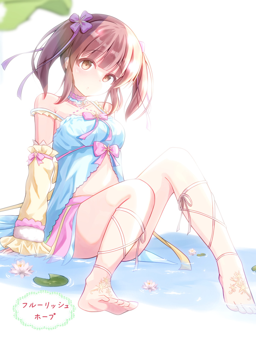 1girl absurdres barefoot blunt_bangs bow brown_eyes brown_hair commentary_request detached_sleeves frilled_shirt frilled_sleeves frills full_body hair_ornament hair_ribbon highres idolmaster idolmaster_cinderella_girls knees_up legs lily_pad looking_at_viewer medium_hair miniskirt ogata_chieri on_ground partially_submerged pink_bow ribbon shirt sitting skirt solo strap_slip toes twintails yasutarou