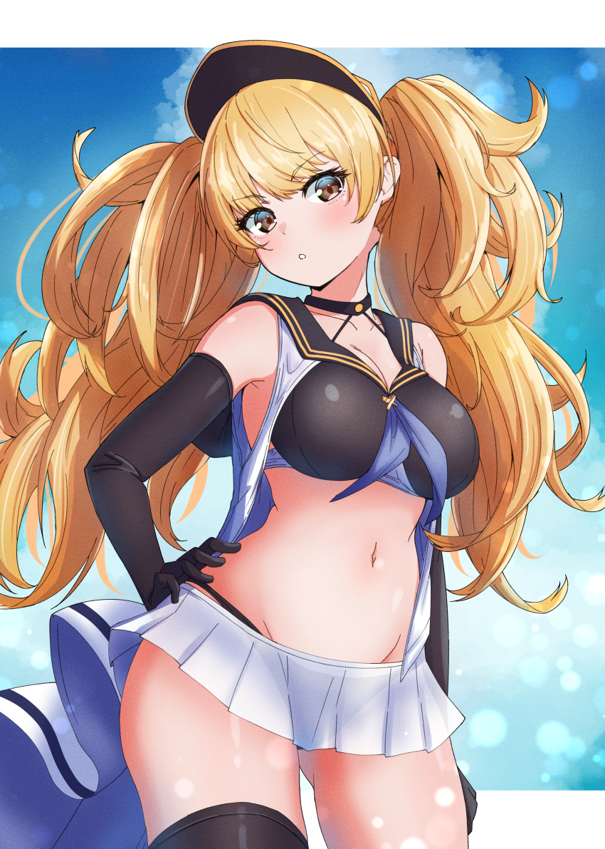 1girl absurdres arm_at_side ass_visible_through_thighs bare_shoulders big_hair bikini black_bikini black_gloves black_headwear black_sailor_collar black_thighhighs blonde_hair blue_sky breasts cleavage cloud contrapposto cowboy_shot curly_hair elbow_gloves expressionless eyelashes gloves granblue_fantasy groin hand_on_own_hip head_tilt highres kamidan large_breasts lens_flare light_blush long_hair miniskirt monika_weisswind navel overskirt parted_lips sailor_collar see-through see-through_skirt skirt sky solo swept_bangs swimsuit teeth thighhighs twintails visor_cap wide_hips yellow_eyes