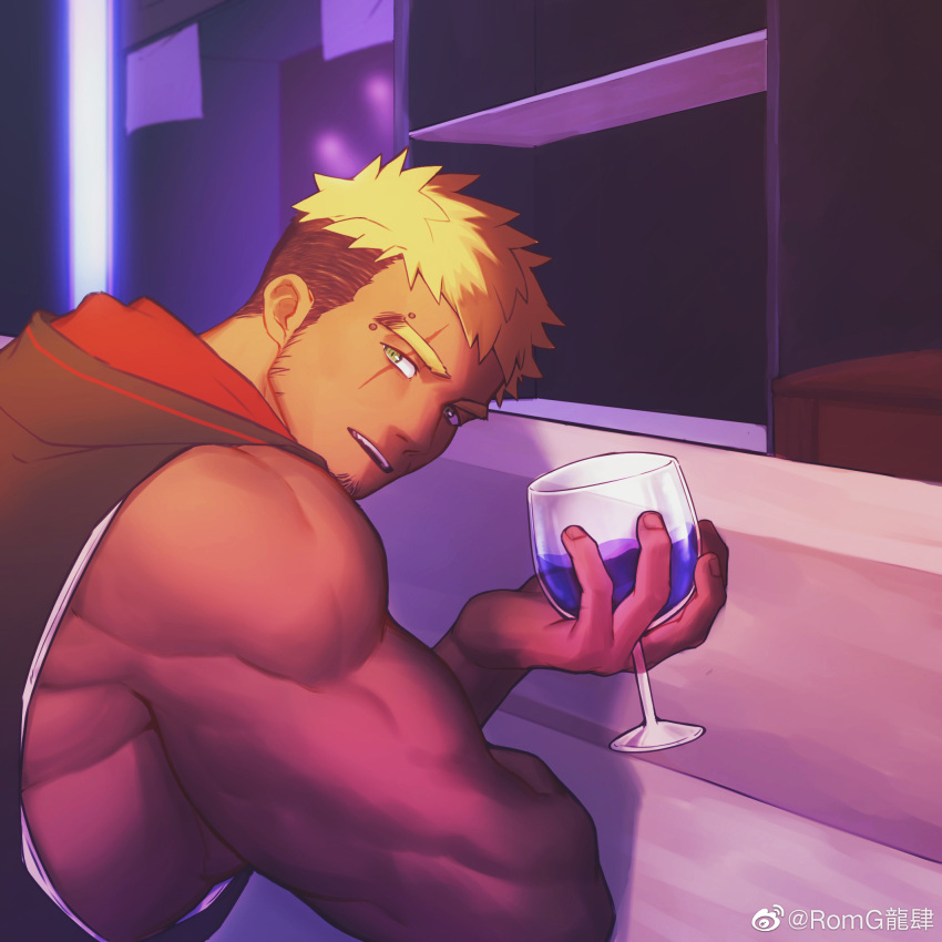 1boy bara bare_arms bare_shoulders black_hoodie blonde_hair commission cup dark-skinned_male dark_skin drinking_glass facial_hair from_side goatee gou_mangwu gyee highres holding holding_cup hood hoodie indoors large_pectorals looking_at_viewer looking_back male_focus mature_male multicolored_hair muscular muscular_male non-web_source original pectorals romg scar scar_across_eye second-party_source short_hair sideburns sidepec sleeveless sleeveless_hoodie solo thick_eyebrows two-tone_hair undercut wine_glass