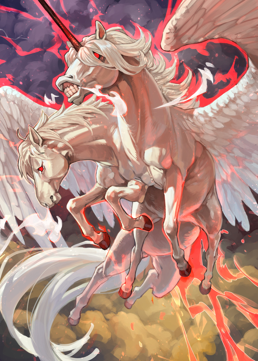 2_heads 7_legs absurd_res ambiguous_gender cloud equid equine feathered_wings feathers feral hi_res hooves horn mammal mane multi_head multi_leg multi_limb red_eyes solo tail teeth winged_unicorn wings wolftapioca