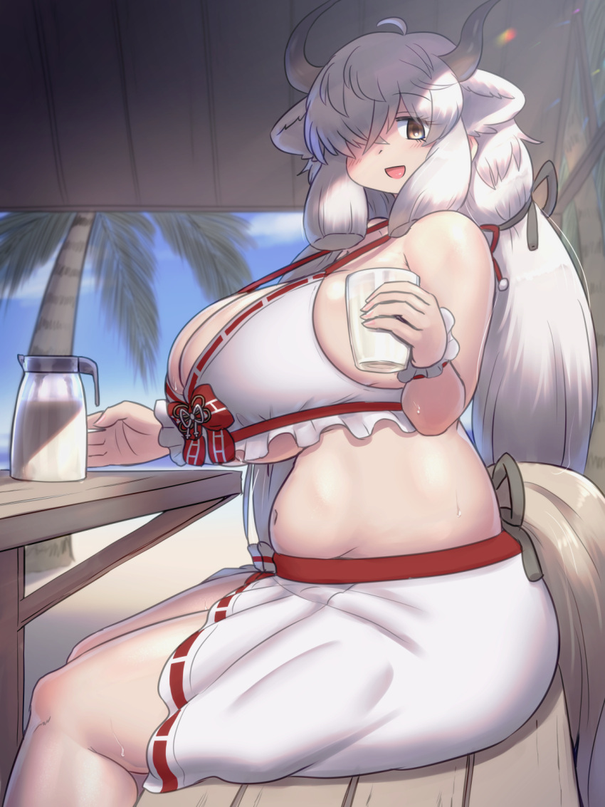 1girl ahoge belly bikini bow bow_bikini breasts brown_eyes cup hair_over_one_eye highres holding holding_cup huge_breasts kemono_friends long_hair midriff milk mo23 open_mouth ox_ears ox_girl ox_horns ox_tail picnic_table pitcher_(container) plump sarong sidelocks sitting smile solo swimsuit table very_long_hair white_hair yak_(kemono_friends)