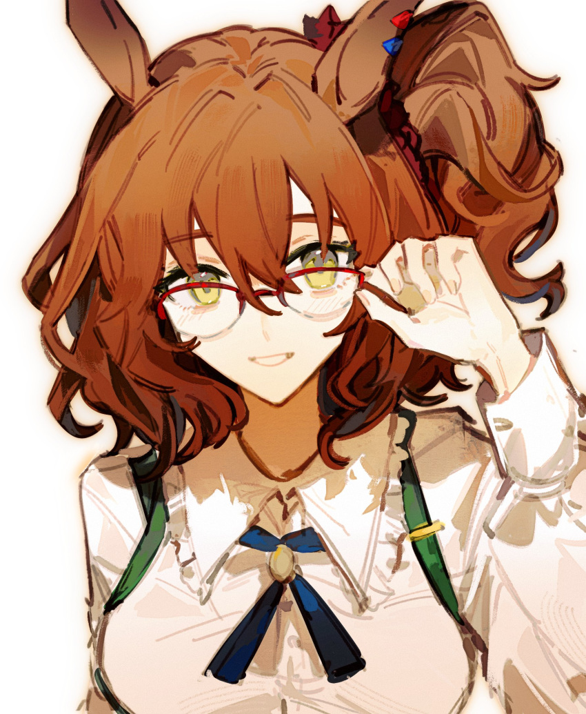 1girl adjusting_eyewear animal_ears aston_machan_(umamusume) bespectacled brown_hair commentary ear_ornament frilled_shirt frills glasses green_eyes grin highres hikawayunn horse_ears horse_girl juliet_sleeves long_sleeves looking_at_viewer medium_hair official_alternate_costume ponytail puffy_sleeves red-framed_eyewear semi-rimless_eyewear shirt side_ponytail simple_background smile solo umamusume upper_body white_background