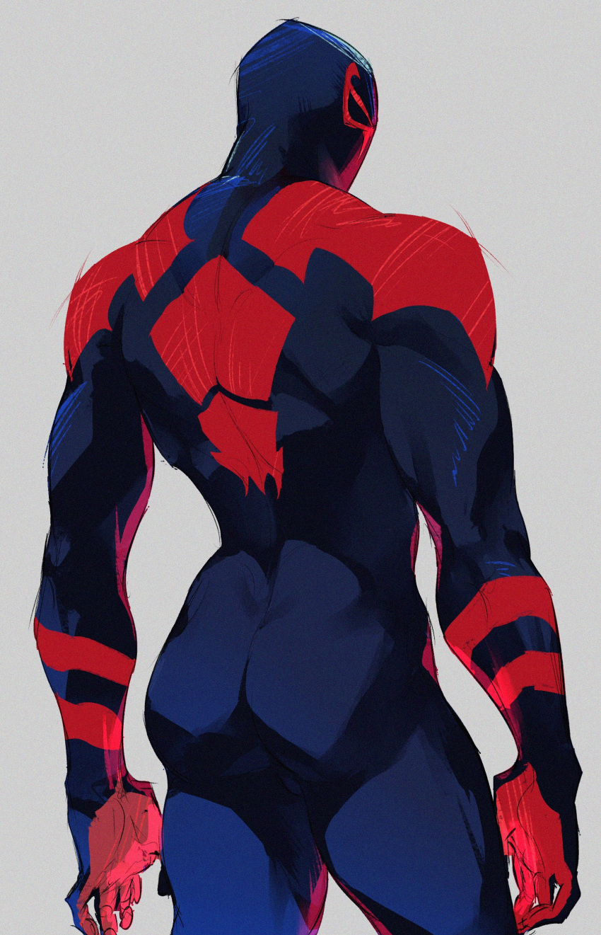 1boy absurdres ass blue_bodysuit blue_mask bodysuit english_commentary facing_back film_grain from_behind highres male_focus marvel mask muscular muscular_male red_bodysuit rokuhashi_8 simple_background skin_tight solo spider-man:_across_the_spider-verse spider-man_(2099) spider-man_(series) standing two-tone_bodysuit white_background