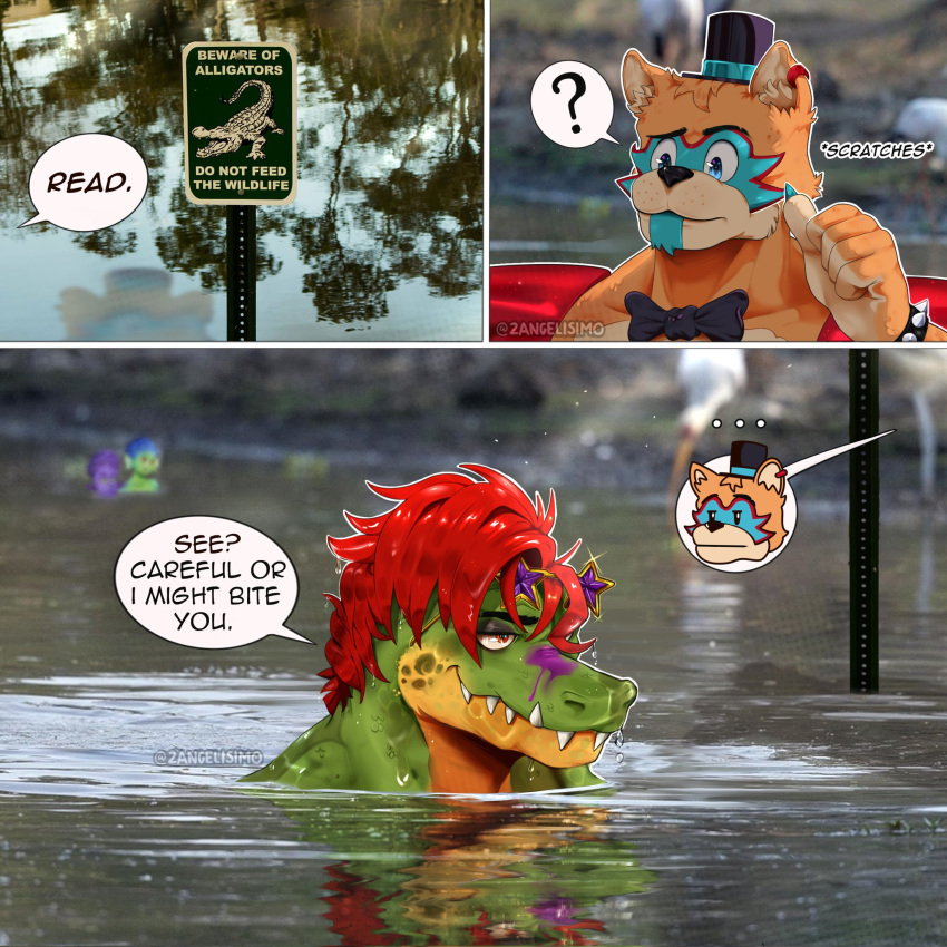 2angelisimo anthro dialogue duo feral five_nights_at_freddy's five_nights_at_freddy's:_security_breach glamrock_freddy_(fnaf) hair hi_res humanoid lake male male/male montgomery_gator_(fnaf) muscular muscular_male scottgames steel_wool_studios wet wet_body wet_hair