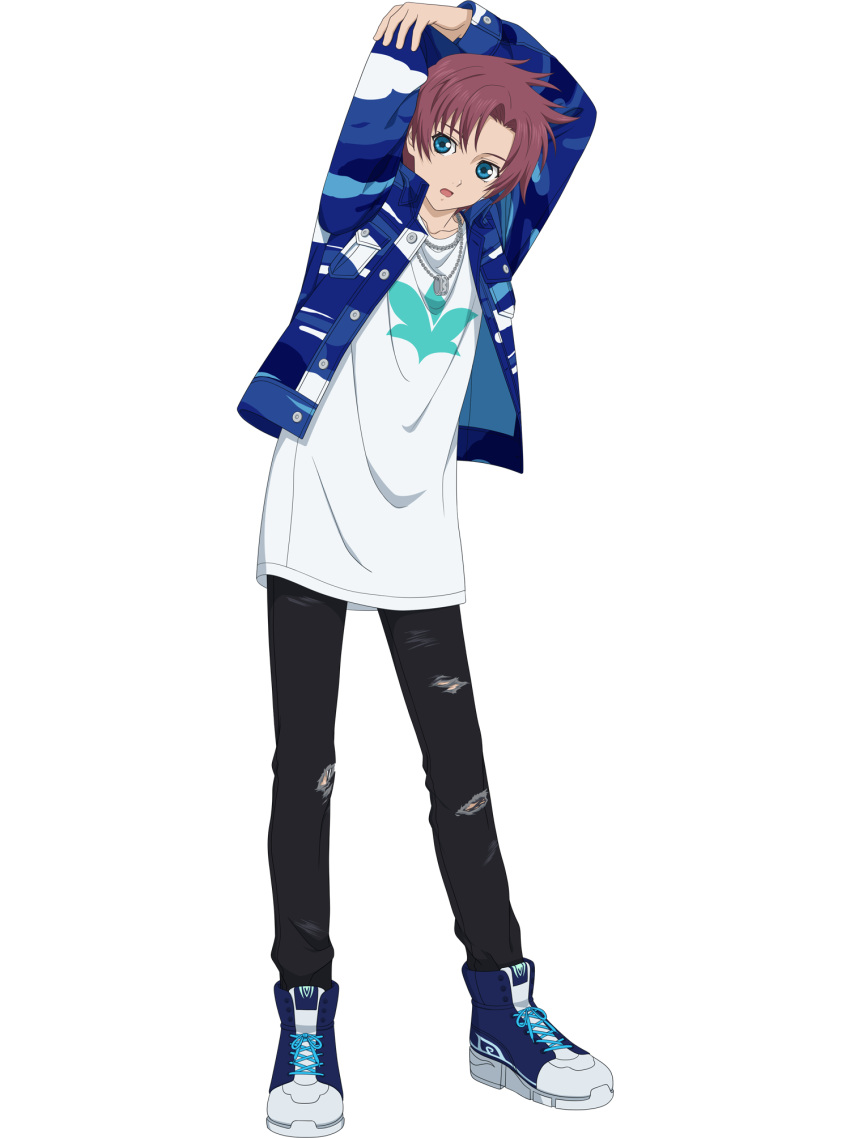 1boy :o asbel_lhant black_pants blue_eyes blue_footwear blue_jacket brown_hair denim english_commentary full_body highres jacket jeans jewelry long_sleeves male_focus necklace official_alternate_costume official_art open_clothes open_jacket pants print_shirt shirt shoes sneakers solo tales_of_(series) tales_of_asteria tales_of_graces torn_clothes torn_pants transparent_background white_shirt
