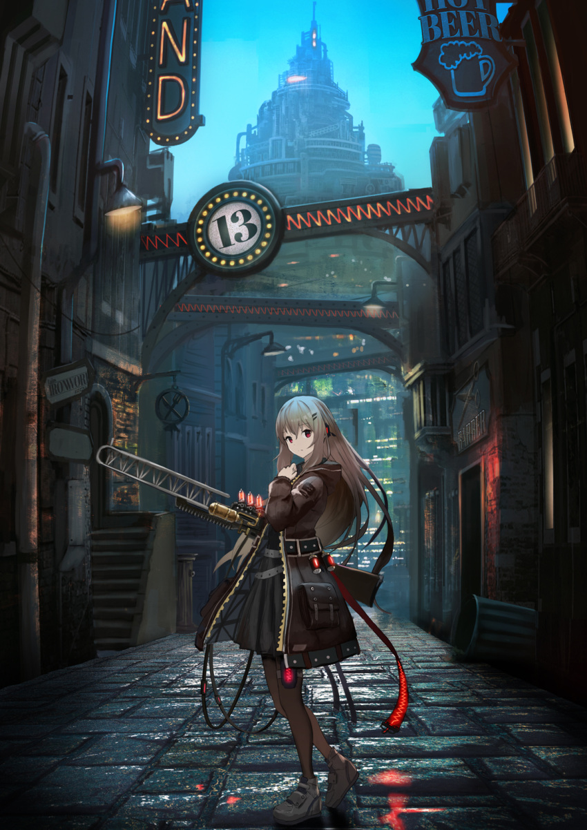 1girl assault_rifle city coat concept_art dress english_text expressionless full_body gun highres hin'yari_(kakukuru) light_brown_hair long_hair looking_at_viewer marfusha marfusha_(marfusha) original pantyhose pleated_dress red_eyes rifle scenery solo thigh_strap very_long_hair weapon