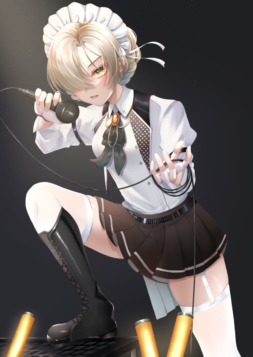 1girl azur_lane black_background black_thighhighs black_vest blonde_hair boots braid checkered_clothes checkered_vest cowboy_shot fingerless_gloves garter_straps gloves glowstick hair_over_one_eye highres holding holding_microphone idol jewelry knee_boots konparu_uran leg_up long_sleeves looking_at_viewer maid_headdress microphone microphone_cord miniskirt necklace open_mouth parted_bangs pleated_skirt sheffield_(azur_lane) sheffield_(muse)_(azur_lane) shirt skirt solo thighhighs vest white_shirt yellow_eyes