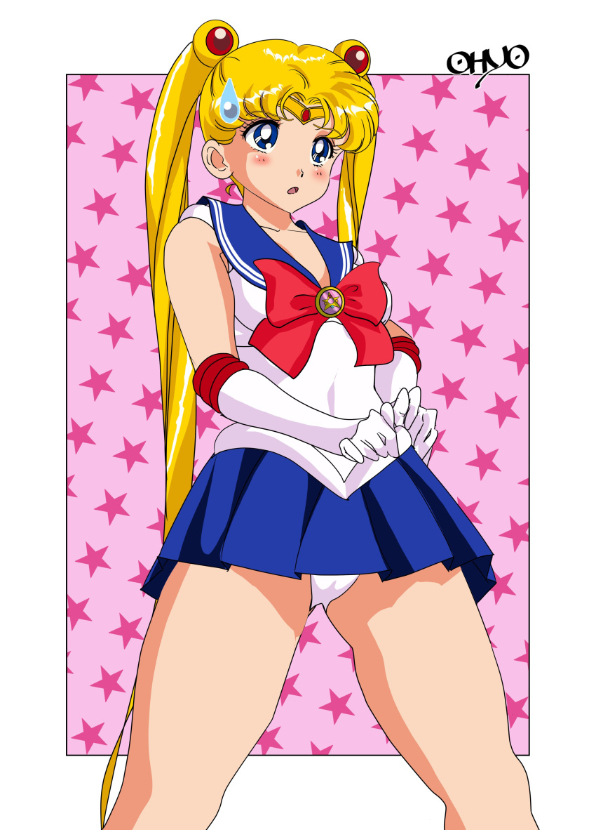 1girl absurdres adjusting_skirt bishoujo_senshi_sailor_moon blonde_hair blue_eyes blue_sailor_collar blue_skirt bow cameltoe collarbone diadem double_bun elbow_gloves gloves hair_bun highres inner_senshi leotard leotard_peek long_hair miniskirt open_mouth oyoyo_(yoyoichi) pleated_skirt red_bow sailor_collar sailor_moon sailor_senshi sailor_senshi_uniform skirt solo sweatdrop thighs tsukino_usagi twintails upskirt white_gloves white_leotard