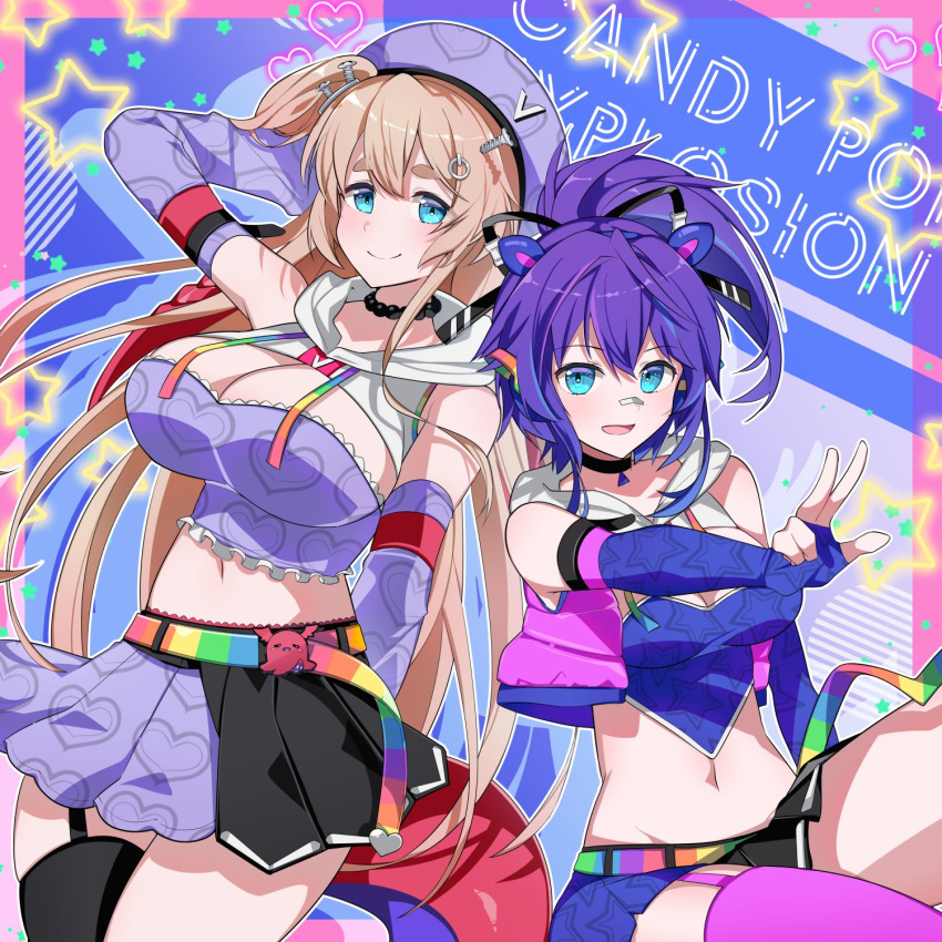 2girls arm_behind_head bandaid bandaid_on_face bandaid_on_nose bare_shoulders black_choker black_ribbon black_thighhighs blonde_hair blue_eyes breasts choker cleavage cropped_hoodie elbow_gloves fingerless_gloves frilled_tube_top gloves hair_ornament hair_ribbon heart heart_print highres hime_hajime hood hoodie idol_clothes large_breasts long_hair looking_at_viewer melody_(projektmelody) miniskirt multiple_girls navel object_through_head open_mouth pink_thighhighs pleated_skirt ponytail purple_hair ribbon screw_in_head single_thighhigh skirt smile star_(symbol) star_print thick_eyebrows thighhighs tobio_illust v virtual_youtuber vshojo vshojo_idol_uniform_(candy_pop) white_hoodie