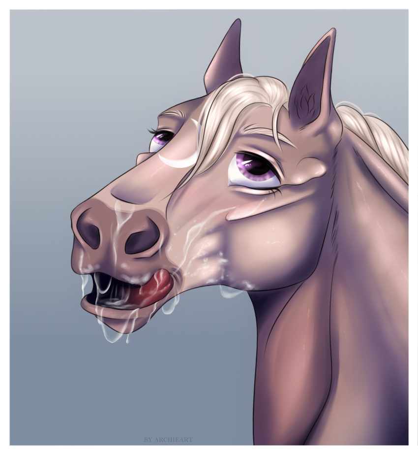 absurd_res archiee blush bodily_fluids bust_portrait cum cum_drip cum_drip_from-mouth cum_facial cum_in_mouth cum_inside cum_on_face dripping equid equine female feral genital_fluids headshot_portrait hi_res horse icelandic_horse licking licking_lips mammal mary_(bloopertrooper) portrait purple_eyes simple_background solo tongue tongue_out