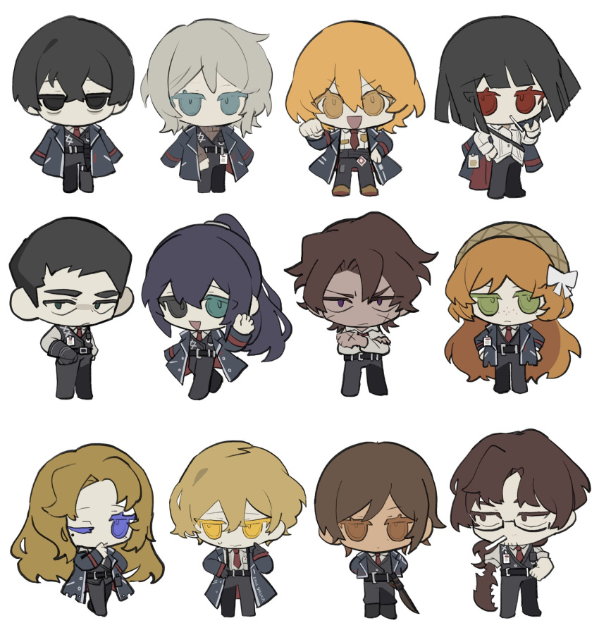 6+boys 6+girls aqua_eyes black_eyes black_hair black_pants black_vest blonde_hair blue_hair bow brown_eyes brown_hair brown_hairband closed_mouth don_quixote_(limbus_company) faust_(limbus_company) freckles green_eyes gregor_(limbus_company) hair_bow hairband heathcliff_(limbus_company) heterochromia highres hong_lu_(limbus_company) id_card ishmael_(limbus_company) limbus_company long_hair looking_at_viewer meursault_(limbus_company) multiple_boys multiple_girls open_mouth orange_hair outis_(limbus_company) pants project_moon red_eyes rodion_(limbus_company) ryoshu_(limbus_company) shirt short_hair simple_background sinclair_(limbus_company) smile south_ac very_long_hair vest white_background white_bow white_hair white_shirt yellow_eyes yi-sang_(limbus_company)