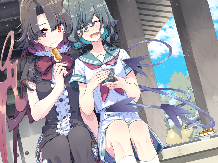 2girls :d asymmetrical_wings black_dress black_hair black_thighhighs blush bow bowtie closed_eyes closed_mouth cloud commentary commission cup day dress facing_viewer fingernails green_sailor_collar grey_hair hand_up holding holding_cup houjuu_nue kneehighs long_hair looking_at_another multiple_girls murasa_minamitsu neckerchief open_mouth red_bow red_bowtie red_eyes red_neckerchief sailor_collar sakuraba_yuuki shirt short_sleeves sitting skeb_commission skirt sky smile socks thighhighs tongue touhou tree veranda white_shirt white_skirt white_socks wings