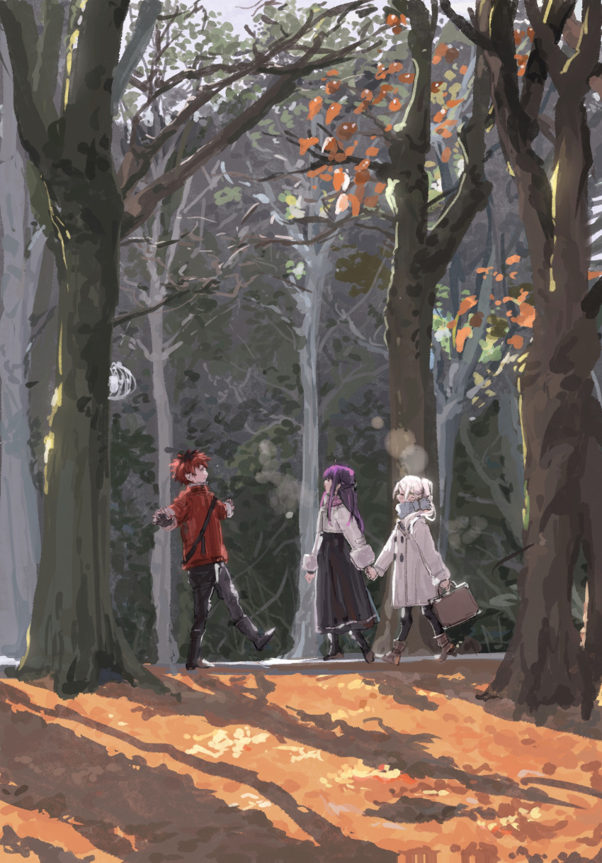 1boy 2girls ailisimeiyoumeng black_dress black_footwear black_pants black_pantyhose blue_scarf boots briefcase brown_footwear commentary cropped_jacket dress elf fern_(sousou_no_frieren) forest frieren from_side fur-trimmed_sleeves fur_trim highres holding holding_briefcase holding_hands jacket long_hair long_sleeves multiple_girls nature outstretched_arms pants pantyhose pointy_ears profile purple_hair red_eyes red_hair scarf scenery sousou_no_frieren stark_(sousou_no_frieren) tree twintails walking_backwards white_hair white_jacket