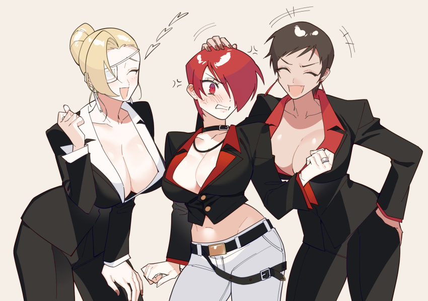 3girls black_choker blush breasts choker cleavage collared_shirt crop_top earrings eyepatch genderswap genderswap_(mtf) hair_over_one_eye highres jacket jewelry large_breasts mature_(kof) miss_x multiple_girls navel otoseto pants red_hair red_shirt shirt short_hair simple_background snk the_king_of_fighters the_king_of_fighters_xiii vice_(kof) white_shirt yagami_iori