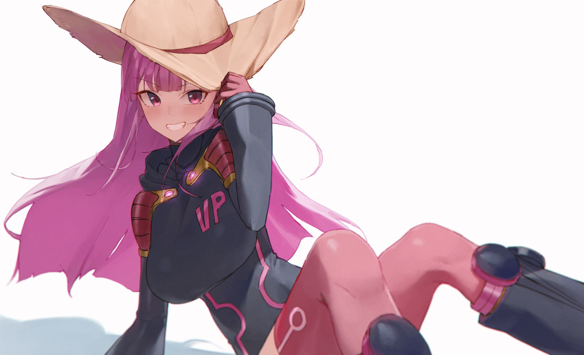 1girl absurdres adjusting_clothes adjusting_headwear arm_support black_bodysuit black_footwear black_hood blunt_bangs bodysuit boots breasts cosplay feet_out_of_frame grin hat highres hololive hololive_english jewelry_bonney jewelry_bonney_(cosplay) large_breasts looking_at_viewer mori_calliope one_piece pink_eyes pink_hair raeis red_thighhighs shadow sidelocks sitting smile straw_hat thighhighs v-shaped_eyebrows virtual_youtuber white_background