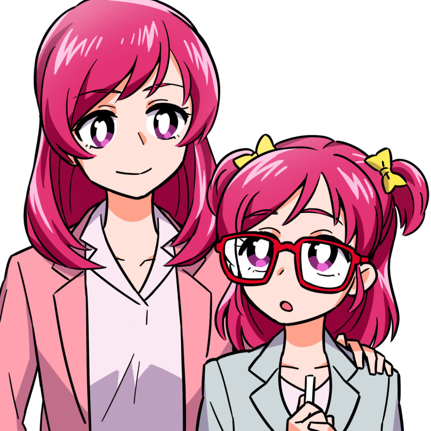 2girls :o blazer bright_pupils closed_mouth dress_shirt dual_persona glasses grey_jacket hair_ribbon hand_on_another's_shoulder highres jacket kibou_no_chikara_~otona_precure_'23~ looking_at_another medium_hair multiple_girls open_mouth pink_hair pink_jacket precure precure_all_stars_new_stage_3:_eien_no_tomodachi purple_eyes red-framed_eyewear ribbon shirai_keita shirt simple_background smile time_paradox two_side_up white_background white_pupils white_shirt yellow_ribbon yes!_precure_5 yumehara_nozomi