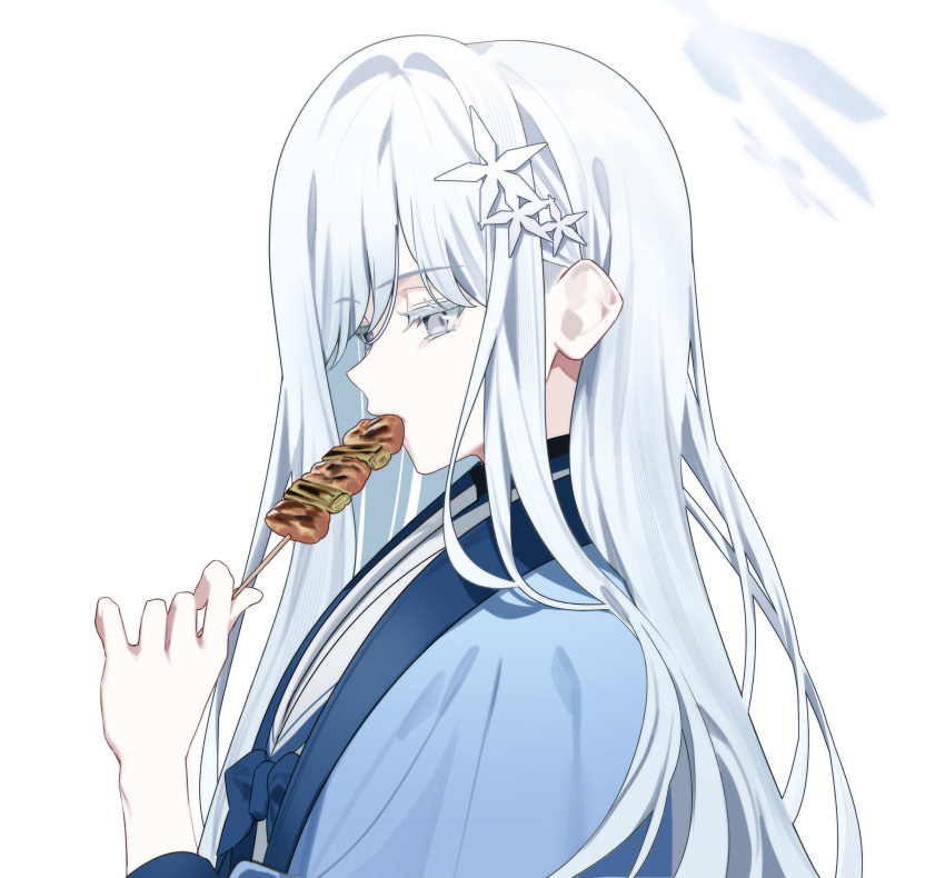 1girl absurdres blue_archive chip_le_cree colored_eyelashes eating food from_side grey_eyes grey_hair grey_halo hair_ornament halo haori highres holding holding_food japanese_clothes long_hair nagusa_(blue_archive) sailor_collar school_uniform serafuku simple_background solo white_background white_sailor_collar yakitori