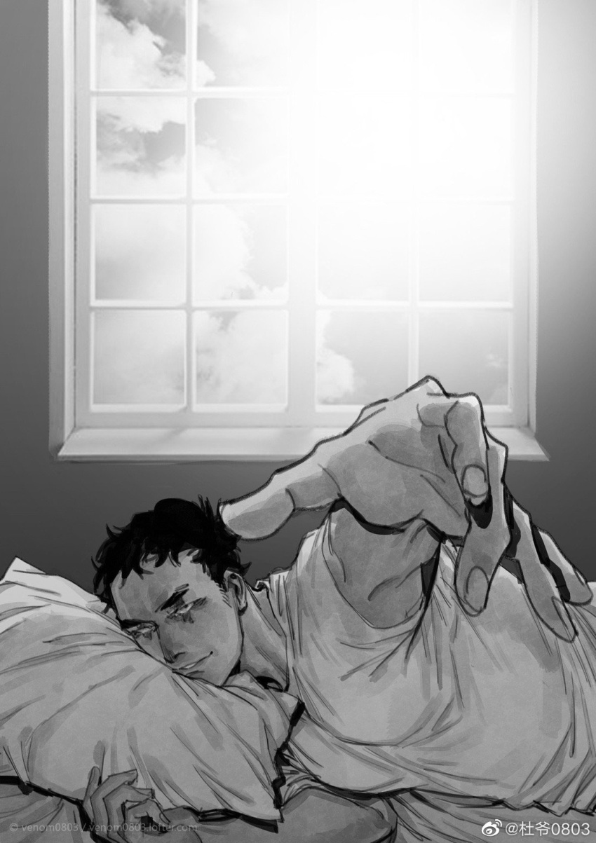 1boy bara bed_invitation bedroom caiman_(dorohedoro) come_hither dorohedoro facial_mark greyscale head_on_pillow highres large_pectorals looking_at_viewer lying male_focus mature_male monochrome muscular muscular_male on_bed on_side outstretched_hand pectoral_press pectoral_squeeze pectorals pillow poopvirus pov pov_across_bed reaching reaching_towards_viewer sanpaku seductive_smile shirt short_hair sideburns_stubble smile solo spoilers t-shirt thick_eyebrows