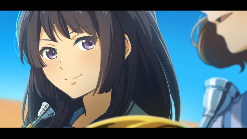 2girls black_hair brown_hair euphonium fuyuhino hibike!_euphonium highres instrument kousaka_reina long_hair looking_at_another multiple_girls open_mouth oumae_kumiko purple_eyes short_hair smile trumpet