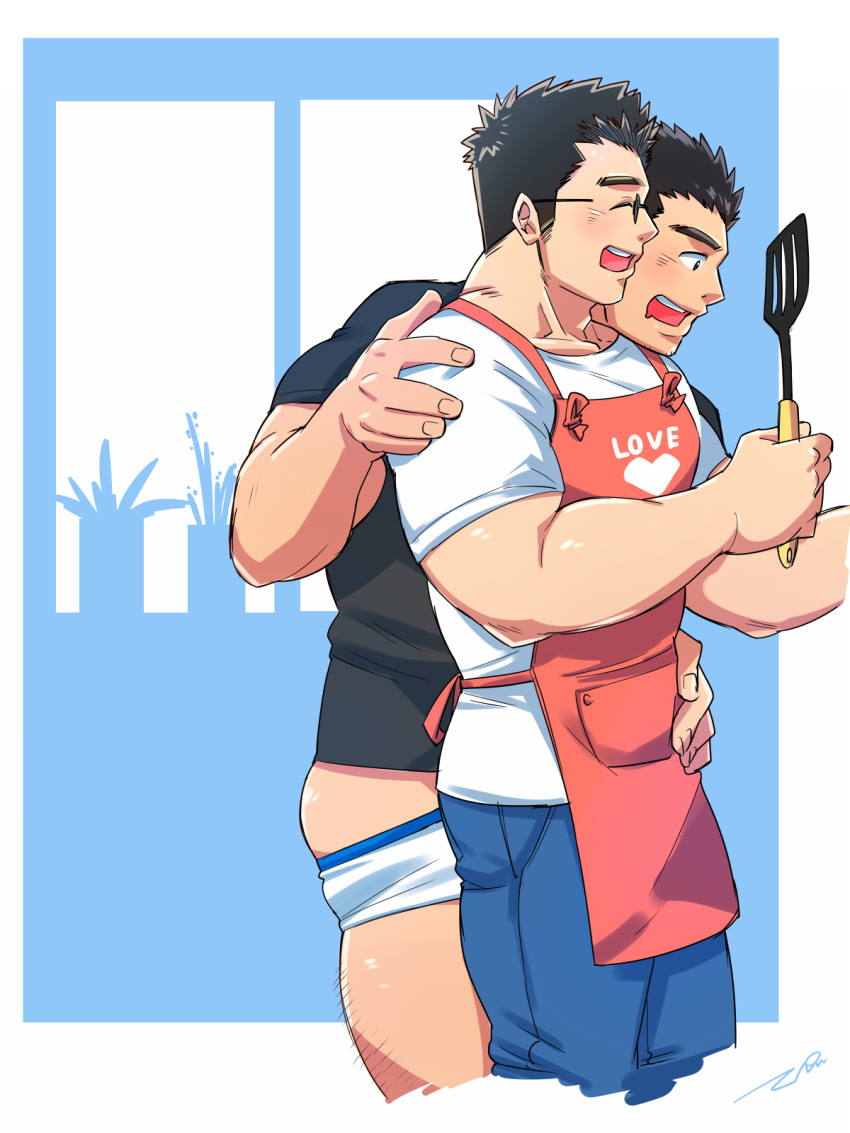 2boys ^_^ ass_peek bara black_hair blush closed_eyes cooking couple cropped_legs drooling glasses hand_on_another's_waist highres holding hungry long_sideburns male_focus male_underwear male_underwear_pull motoori_shiro mouth_drool multiple_boys muscular muscular_male no_pants protagonist_3_(housamo) rimless_eyewear shirt short_hair sideburns smile sparse_leg_hair tepen_(tptptpn) thick_eyebrows tokyo_afterschool_summoners underwear white_male_underwear yaoi