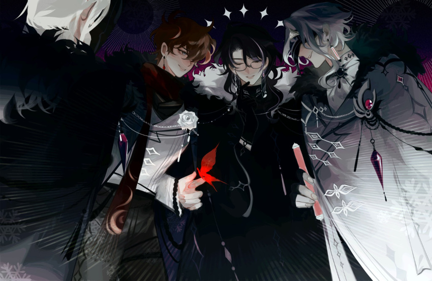 2boys 2girls arlecchino_(genshin_impact) black_gloves black_hair bug butterfly closed_eyes closed_mouth coat eyewear_strap flower fur-trimmed_coat fur_trim genshin_impact glasses gloves hair_between_eyes highres jewelry long_hair long_sleeves multiple_boys multiple_girls pantalone_(genshin_impact) red_butterfly sandrone_(genshin_impact) short_hair smile tartaglia_(genshin_impact) white_flower white_hair yionyi23