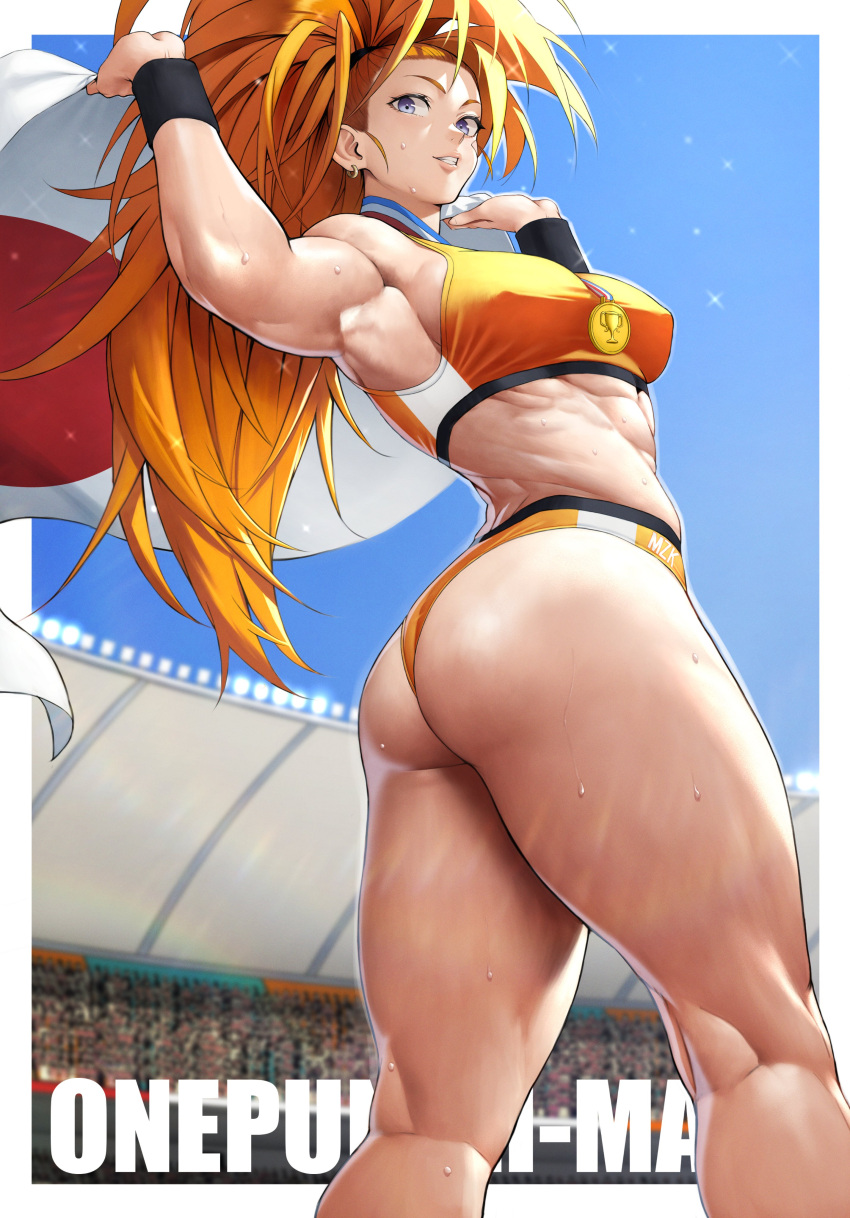 1girl absurdres armpits blue_eyes blurry blurry_background breasts captain_mizuki crowd day flag highres holding holding_flag large_breasts long_hair looking_at_viewer looking_back medal muscular muscular_female one-punch_man outdoors parted_lips ponytail smile solo_focus sports_bra standing sweat sweatband yoshio_(55level)
