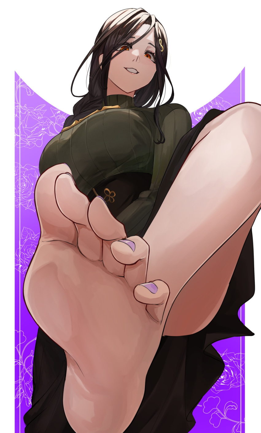 1girl bare_legs barefoot braid breasts brown_hair feet feet_up foot_focus foot_worship foreshortening gradient_hair green_sweater grey_hair hair_ornament hair_over_one_eye hairclip highres large_breasts legs long_braid long_hair looking_at_viewer multicolored_hair nail_polish nekotokage nijisanji no_shoes open_mouth orange_eyes pov presenting_foot ribbed_sweater shirayuki_tomoe shirayuki_tomoe_(1st_costume) simple_background single_braid smile soles solo spread_toes sweater toenail_polish toenails toes turtleneck turtleneck_sweater virtual_youtuber