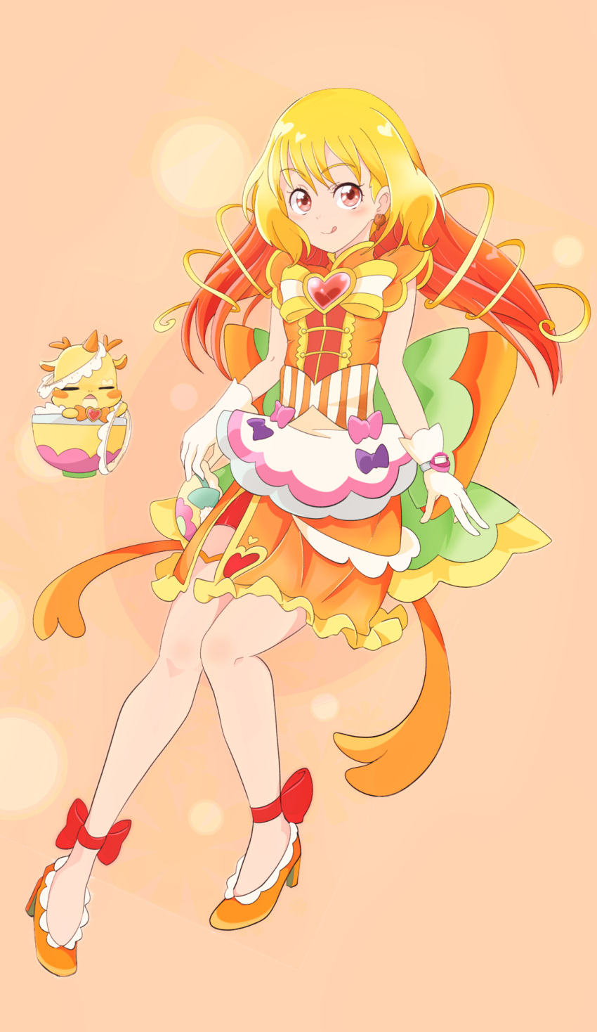 1girl :q alternate_hairstyle ankle_ribbon apron back_bow bike_shorts blonde_hair bow bowtie brooch bun_cover chinese_clothes closed_mouth commentary_request cure_yum-yum delicious_party_precure dress earrings gloves gradient_hair green_bow hair_down hanamichi_ran heart heart_brooch high_collar high_heels highres holding_hair_ornament huge_bow jewelry leg_ribbon long_hair looking_at_viewer magical_girl medium_dress mem-mem_(precure) mochi_curry multicolored_hair one_eye_closed orange_bow orange_dress orange_footwear partial_commentary precure red_eyes red_shorts ribbon shorts shorts_under_dress side_slit sleeveless sleeveless_dress smile solo standing standing_on_one_leg tongue tongue_out two-tone_bow waist_apron watch white_apron white_gloves wristwatch yellow_bow yellow_bowtie