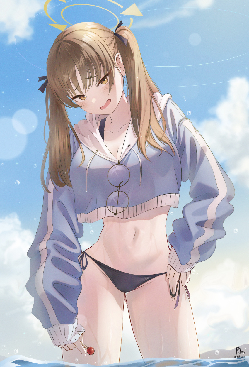 1girl absurdres bikini black_bikini black_ribbon blue_archive blue_sky brown_eyes brown_hair candy chupa_chups cropped_jacket eyewear_removed feet_out_of_frame food gangbyeon hair_ribbon halo hand_on_own_hip highres holding holding_candy holding_food holding_lollipop hood hood_down hooded_jacket jacket korean_commentary light_blush lollipop long_sleeves looking_at_viewer midriff moe_(blue_archive) moe_(swimsuit)_(blue_archive) navel parted_lips ribbon round_eyewear side-tie_bikini_bottom signature sky solo swimsuit twintails twitter_username wading wet