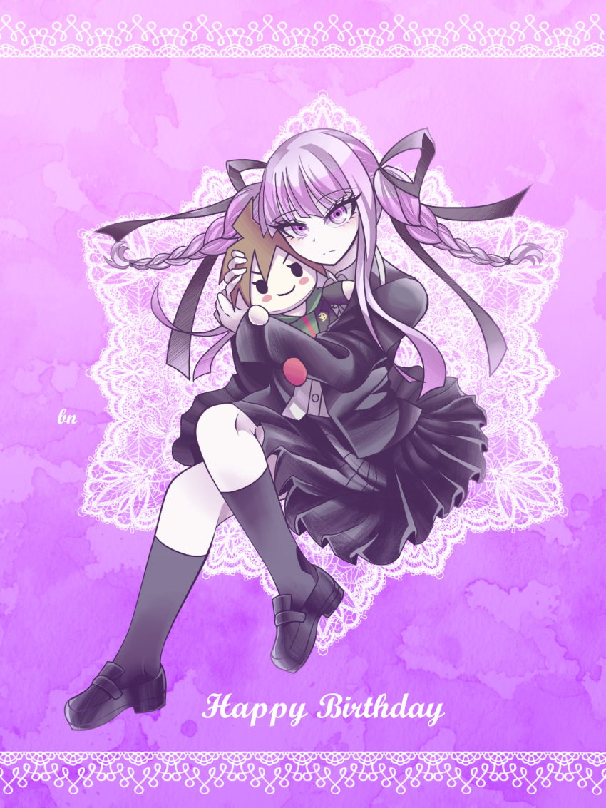 1girl bini_(xocolatl_501) black_footwear black_jacket black_skirt black_socks braid brown_hair danganronpa_(series) danganronpa_kirigiri doll_hug dress_shirt frown happy_birthday highres jacket kirigiri_kyouko kneehighs long_sleeves naegi_makoto object_hug open_clothes open_jacket pink_background pink_eyes pink_hair pleated_skirt shirt shoes skirt socks solo twin_braids twintails white_background