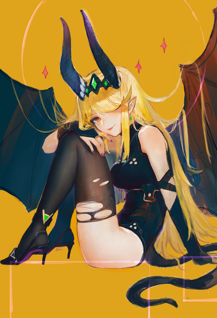 1girl arm_support bare_shoulders black_horns black_leotard black_thighhighs black_wings blonde_hair breasts bridal_gauntlets closed_mouth commentary daible earrings fake_horns fake_tail from_side hair_over_one_eye halloween hand_on_own_knee high_heels highres horns jewelry knees_up leotard long_hair looking_at_viewer medium_breasts mythra_(xenoblade) nail_polish one_eye_covered pointy_ears purple_nails red_wings simple_background sitting solo tail thighhighs thighs tongue tongue_out torn_clothes torn_thighhighs very_long_hair wings xenoblade_chronicles_(series) xenoblade_chronicles_2 yellow_background yellow_eyes