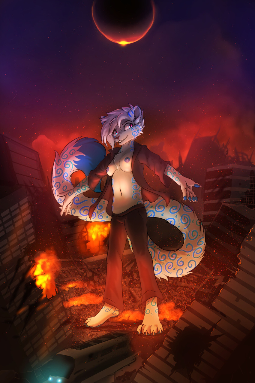 2018 absurd_res anthro athletic barefoot blue_markings blue_nipples bottomwear breasts clothed clothing cobalt_(miateshcha) digital_media_(artwork) dipstick_tail eclipse feet female fingerpads fire fur fur_markings grin hair hi_res long_tail macro mammal markings multicolored_eyes night nipples open_clothing open_shirt open_topwear pants pawpads pink_nose prehensile_tail rampage ruins shirt smile solo spaceweasel2306 sparks swirl tail tail_markings tail_tuft topwear tuft two_tone_eyes white_body white_fur white_hair