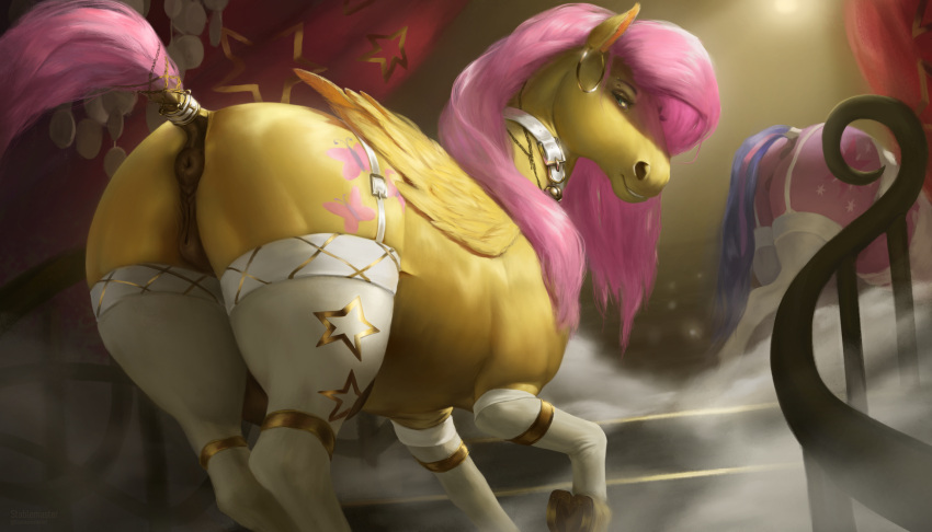 2023 animal_genitalia animal_pussy anus bedroom_eyes clothing cutie_mark duo equid equine equine_genitalia equine_pussy feathered_wings feathers female feral fluttershy_(mlp) friendship_is_magic genitals hair hasbro hi_res inside lingerie looking_at_viewer looking_back mammal multicolored_hair my_little_pony narrowed_eyes pegasus pussy raised_tail seductive stablemaster tail twilight_sparkle_(mlp) wings