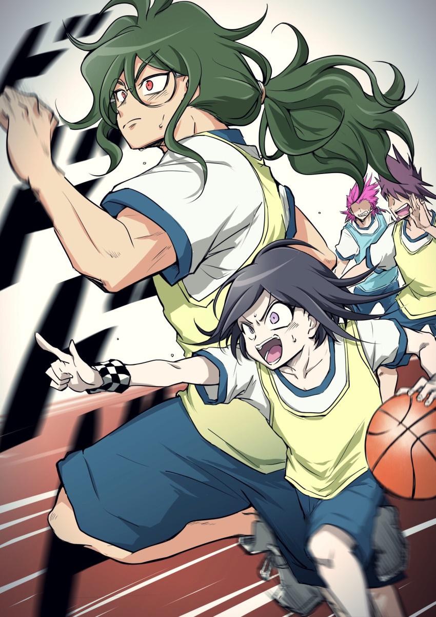 4boys alternate_costume ball basketball_(object) black_hair black_shorts checkered_wristband collarbone danganronpa_(series) danganronpa_2:_goodbye_despair danganronpa_v3:_killing_harmony facial_hair goatee gokuhara_gonta green_hair highres momota_kaito multiple_boys muscular muscular_male oma_kokichi pink_hair playing_sports ponytail running shachoo_(poco_poco) shirt short_hair shorts soda_kazuichi spiked_hair sportswear teeth white_background white_shirt yellow_shirt