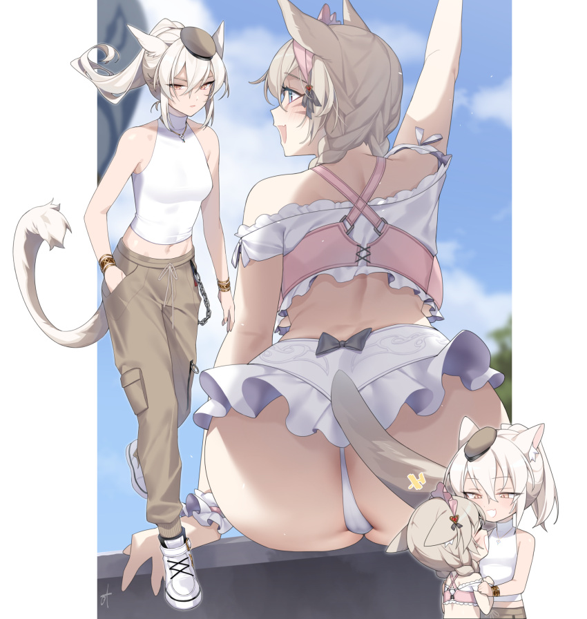 2girls animal_ears anus anus_peek arm_up ass bare_shoulders blush breasts brown_pants cat_ears cat_girl cat_tail day deathalice final_fantasy final_fantasy_xiv highres medium_breasts miqo'te multiple_girls open_mouth outdoors panties pants shirt shoes sitting skirt sleeveless smile tail underwear white_footwear white_panties white_shirt white_skirt