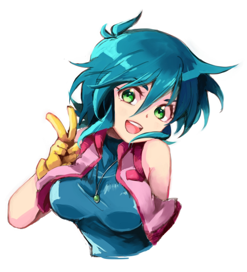 1girl :d allenby_beardsley blue_bodysuit blue_hair bodysuit breasts commentary g_gundam gloves green_eyes gundam highres looking_at_viewer medium_breasts short_hair smile solo teeth upper_body upper_teeth_only v white_background yellow_gloves yuzuma_(321353)