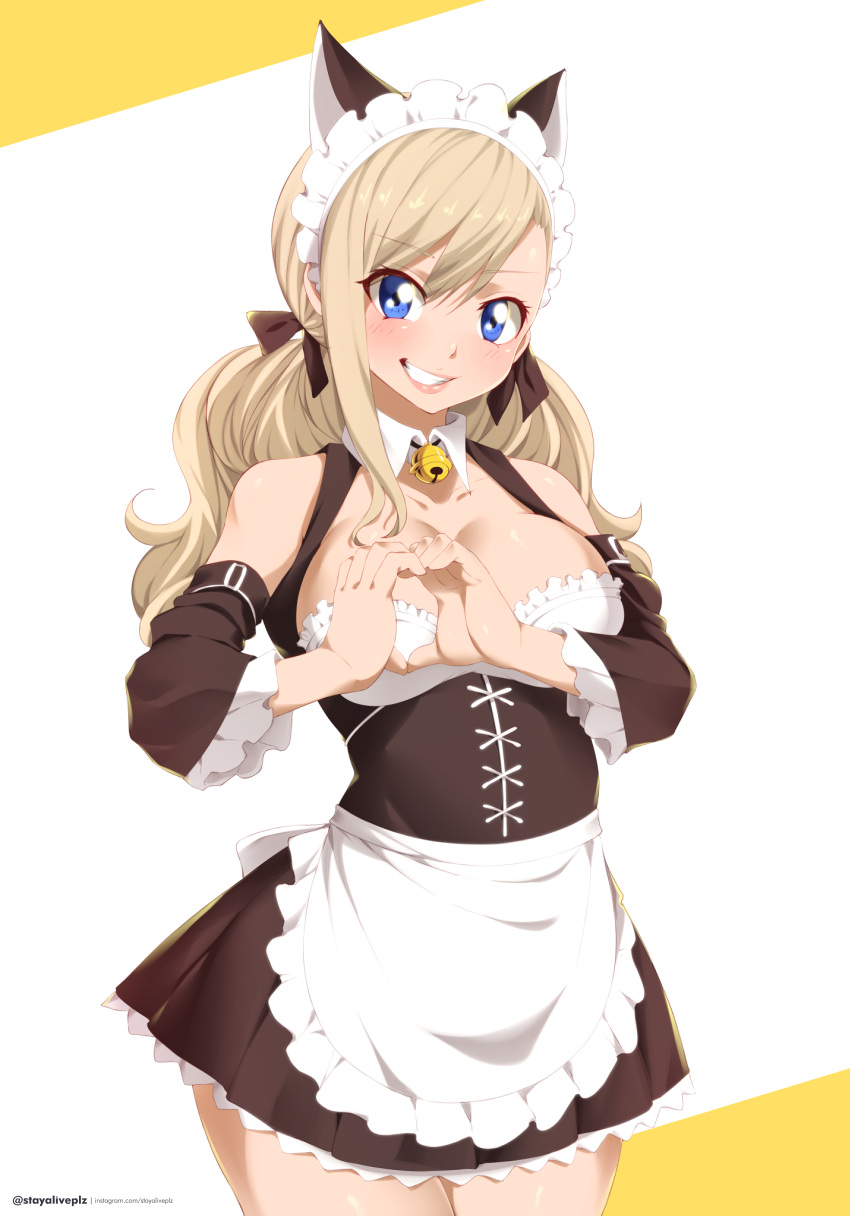 1girl absurdres alternate_costume alternate_hairstyle animal_ears apron asymmetrical_bangs back_bow bell black_dress black_ribbon black_sleeves blonde_hair blue_eyes blush bow breasts cleavage_cutout clothing_cutout collared_dress cowboy_shot detached_sleeves dress eden's_zero enmaided fake_animal_ears frilled_apron frilled_dress frilled_sleeves frills grin hair_ornament hair_ribbon heart heart_hair_ornament highres jingle_bell large_breasts lips long_hair looking_at_viewer low_twintails maid maid_headdress neck_bell rebecca_bluegarden ribbon smile solo standing stayaliveplz twintails twitter_username waist_apron web_address white_apron white_background white_bow wing_collar