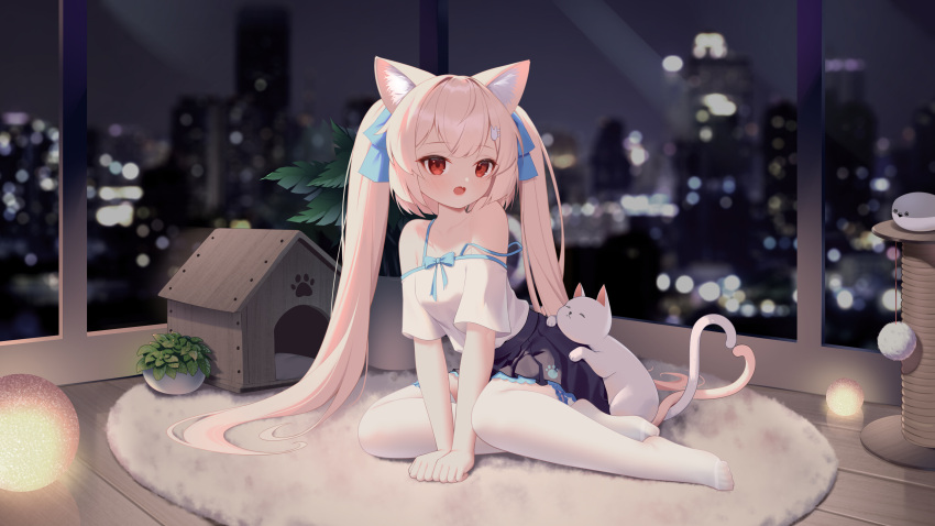 1girl absurdres animal_ear_fluff animal_ears bingchuan_xian_yu_huang black_skirt blonde_hair blue_ribbon blush cat cat_ears cat_girl cat_hair_ornament cat_tail fang hair_ornament hair_ribbon highres indoors lips long_hair no_shoes open_mouth original plant potted_plant red_eyes ribbon rug shirt sitting skirt strap_slip tail thighhighs twintails very_long_hair white_shirt white_thighhighs