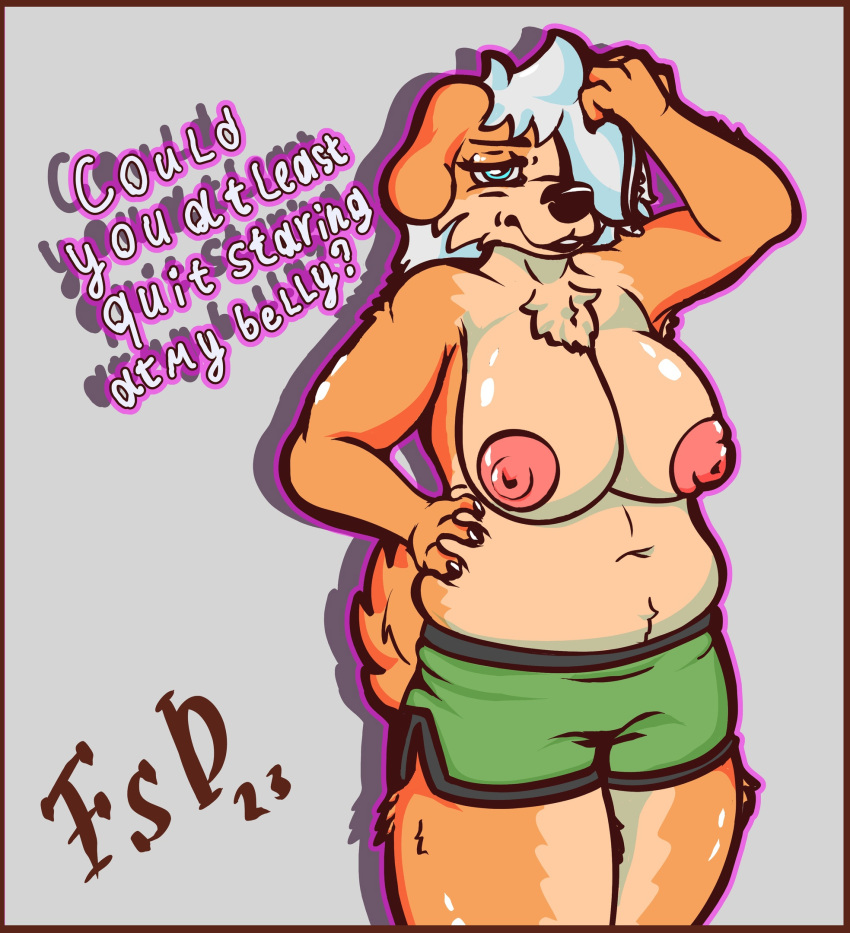 abdominal_bulge anthro big_breasts breasts canid canine canis chubby_anthro chubby_belly chubby_female collar dana(fsdog) exposed_breasts female fluffy fluffy_chest fluffy_hair fsdog fur hair hi_res huge_breasts mammal neck_tuft nipples orange_body orange_eyes slightly_chubby solo tan_body tan_fur tuft