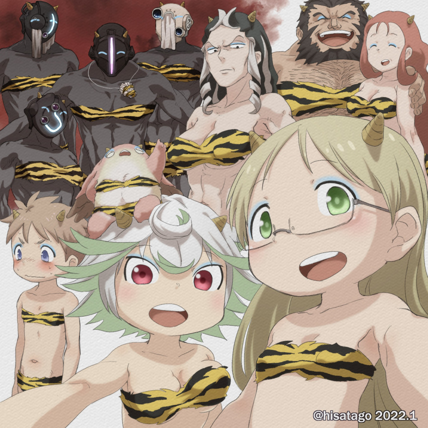 4boys 6+boys absurdres animal_print belchero_(made_in_abyss) black_eyes black_hair black_skin blue_eyes blush bondrewd breasts brown_hair chest_hair cleavage closed_mouth colored_inner_hair colored_skin commentary dated drill_hair drill_sidelocks english_commentary glasses green_eyes green_hair grey-framed_eyewear gyarike habolg_(made_in_abyss) highres hisatago lafy_(made_in_abyss) light_brown_hair long_hair looking_at_viewer made_in_abyss mask masked medium_bangs meinya_(made_in_abyss) multicolored_hair multiple_boys natt_(made_in_abyss) open_mouth prushka red_eyes riko_(made_in_abyss) semi-rimless_eyewear short_bangs short_hair sidelocks small_horns smile teeth third-party_source tiger_print under-rim_eyewear upper_body upper_teeth_only v-shaped_eyebrows whistle whistle_around_neck white_hair