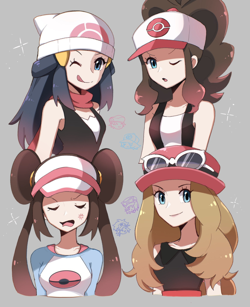 4girls anger_vein bare_shoulders baseball_cap black_shirt blue_eyes blue_hair blue_shirt brown_hair closed_eyes closed_mouth curly_hair dawn_(pokemon) doughnut_hair_bun eyelashes eyewear_on_headwear hair_bun hat high_ponytail highres hilda_(pokemon) long_hair long_sleeves multiple_girls one_eye_closed open_mouth pink_headwear pink_scarf poke_ball_print pokemon rosa_(pokemon) scarf serena_(pokemon) shirt sidelocks sleeveless sleeveless_shirt smile tongue tongue_out touyarokii twintails v-shaped_eyebrows visor_cap white_headwear