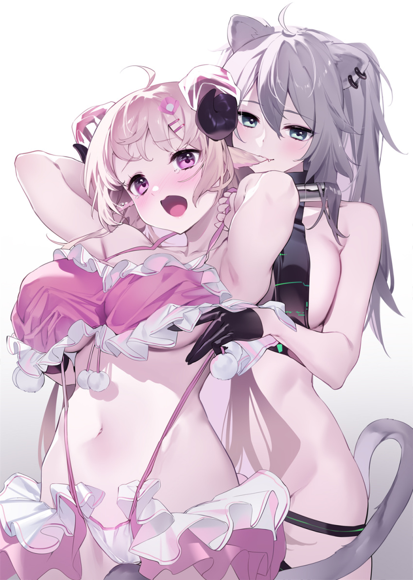 2girls animal_ears armpits arms_behind_head arms_up bare_shoulders blonde_hair blue_eyes blush breasts cleavage curled_horns ear_piercing grabbing grabbing_another's_breast grey_hair highres hololive horns large_breasts lion_ears lion_girl lion_tail long_hair looking_at_viewer multiple_girls navel open_mouth piercing purple_eyes sheep_ears sheep_girl sheep_horns shishiro_botan slingshot_swimsuit smile swimsuit tail thighs tsunomaki_watame virtual_youtuber yaguo yuri