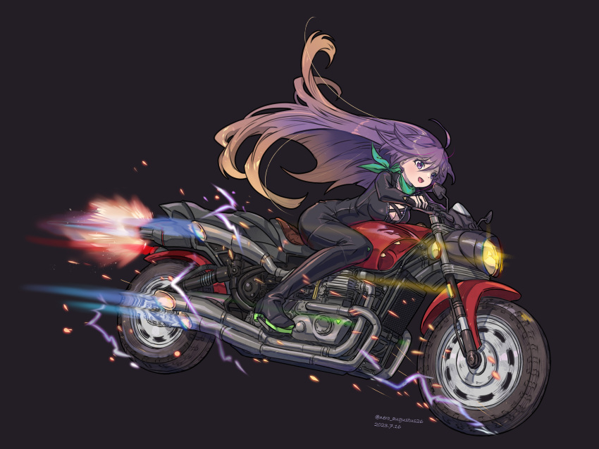 1girl absurdres biker_clothes bikesuit black_background bodysuit brown_hair commentary_request dated exhaust_pipe gradient_hair highres hijiri_byakuren long_hair motion_blur motor_vehicle motorcycle multicolored_hair nero_augustus purple_eyes purple_hair scarf solo touhou turbo_byakuren two-tone_hair very_long_hair