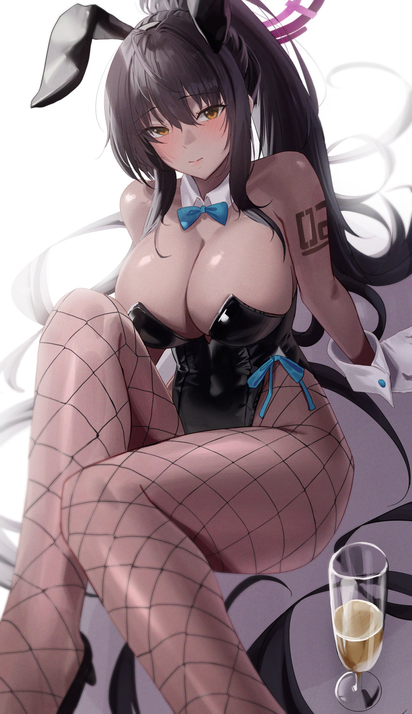 1girl absurdres animal_ears black_hair black_leotard blue_archive blue_bow blue_bowtie bow bowtie breasts commentary cup dark-skinned_female dark_skin dea detached_collar drinking_glass fake_animal_ears feet_out_of_frame fishnet_pantyhose fishnets gloves halo high_heels highres karin_(blue_archive) karin_(bunny)_(blue_archive) knee_up large_breasts legs leotard looking_at_viewer pantyhose playboy_bunny ponytail rabbit shoulder_tattoo sidelocks sitting smile solo strapless strapless_leotard tattoo white_background white_gloves wrist_cuffs